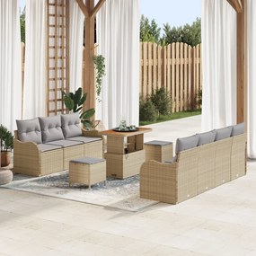 10 darabos kerti kanapé párnákkal Bézs Poly Rattan Akáciából, 2 személyes kerti kanapé tárolóval és párnákkal Bézs Poly Rattan, 3 darabos kerti étkezőszett párnákkal Bézs Poly Rattan Akáciából