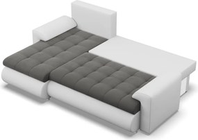 Tokio sarokkanapé, 2 ágyneműtartóval, bársony + műbőr, baloldali, szürke - fehér