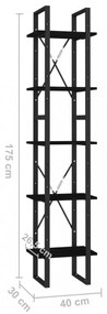 ötszintes fekete fenyőfa könyvszekrény 40 x 30 x 175 cm