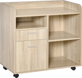 Vinsetto Multifunkciós Irodai Nyomtató Állvány 3 Fakkal és 2 Fiókkal, Állítható Polccal, Kerekekkel és 2 Fék/fúzió 80x40x72 cm Tölgy | Aosom