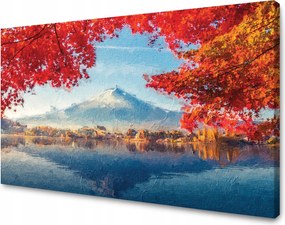 Vászonkép Színes levelek Város Hegy Víz 90x60 cm