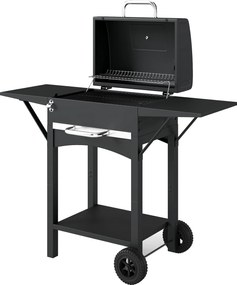 Outsunny faszenes grill fedéllel — BBQ füstölő kocsi 2 oldalsó asztallal, nagy sütőfelület, hőmérő és kerekek, 110 x 46,5 x 101 cm (fekete) | Aosom