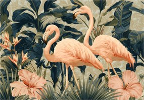 Fotótapéta Flamingók Levelek Virágok Zöld Falra Hálószoba Nappali 200x140