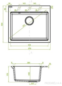 Laveo Tau, 1 kamrás gránit mosogató 570x500x215 mm, szürke, LAV-SBT_510Y