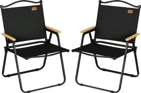 Outsunny 2 db-os Hordozható Kemping Szék Fém Vázal, Fa Hatású, Összecsukható Szék Medencéhez, Strandra, Oxford, Fekete | Aosom