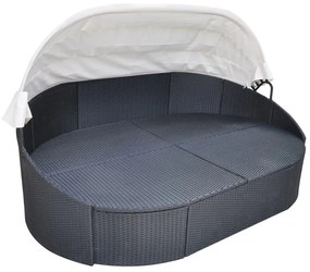 Fekete polyrattan kültéri napozóágy napellenzővel
