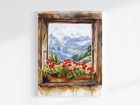 Vászonkép Canvas Ablak Kilátás Hegyek Alpok Hó Virágok Muskátli 75x100