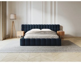 Sötétkék kárpitozott ágyneműtartós franciaágy ágyráccsal 180x200 cm Mamaia – Micadoni Home