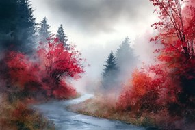 Fotótapéta Flizelina Tájkép Út Országút Fák Ősz Köd 104x70,5 ragasztó