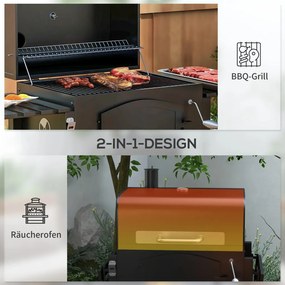 Outsunny Faszenes BBQ grillsütő, állítható faszéntároló rekesz, oldalsó polcok, fekete
