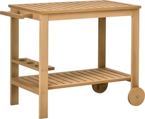 Outsunny 2-Szintes Fa Bárkocsi Szerviz Kocsi Oldalsó Fogantyúval, 3 Borosüveg Tartóval és 2 Kerekével Kert, Terasz számára 95x47x74 cm Természetes | A