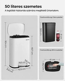 Konyhai pedálos kuka, 50l szemetes kuka puha záródással, fehér