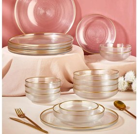 18 darabos étkészlet, átlátszó üveg arany díszítéssel