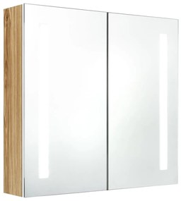 fehér, tölgyszínű LED-es tükrös fürdőszobaszekrény 62x14x60 cm