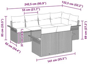 7 Darabos Kert Kanapé Szett Párnákkal Szürke Poli Rattan