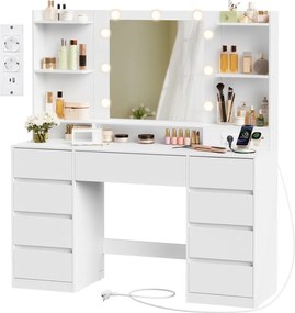 KAILYN LED Fésülködő asztal, tükörrel ellátott sminkasztal, 9 fiókkal, felhőfehér színben