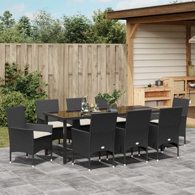 9 részes Kerti Étkezőszett Párnákkal Fekete Poli Rattan, Kerti Asztal Fekete 200x80x73 cm Edzett Üveg