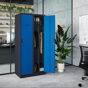 Pléh öltözőszekrény talpazaton, kétmodulos, polccal és köztes fallal KACPER, 800 x 1800 x 500 mm, antracit-kék