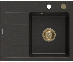 Mexen Ben gránit egykamrás mosogató csepegtetővel, jobb oldali 600 x 500 mm, fekete/arany metál, arany szifon
