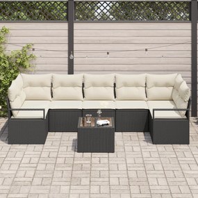 8 részes kertkanapé szett párnákkal fekete poli rattan, 2 személyes kertkanapé párnákkal fekete poli rattan