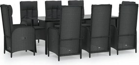 vidaXL 9 részes fekete polyrattan kerti étkezőgarnitúra párnákkal