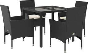 vidaXL 5 részes fekete polyrattan/üveg kerti étkezőgarnitúra párnákkal