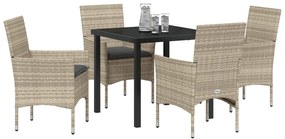 5 Darabos Kerti Étkezőszett Párnákkal Világosszürke Poli Rattan, Kerti Asztal Fekete 80x80x73 cm Edzett Üveg