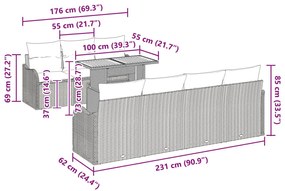 8 darabos kerti kanapészett párnákkal szürke poli rattan akácia, 2 személyes kerti kanapé párnákkal szürke poli rattan