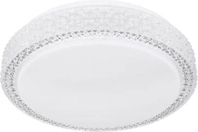 Globo 41749-12 Mennyezeti lámpa fehér váz, akril fehér búra, akril-kristály és sparkle effekt dekorral. Fali kapcsolóról 3 lépésben színhőmérsékletváltós. Ø:260, H:80, tartozék: 1xLED 12W 230V, 980lm, CCT 3.000-4500-6.500