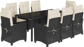 vidaXL 9 részes fekete polyrattan kerti étkezőgarnitúra párnákkal