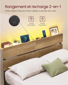 Vasagle fém ágykeret LED-del és USB-vel, 140x190 cm – Barnet