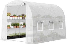Outsunny PE alagút üvegház polcokkal, feltekerhető cipzáras ajtóval, 6 hálós ablakkal, merevítő rudakkal, UV-álló takaró, fehér (198 × 275 × 191 cm) |
