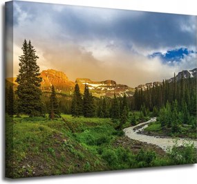 Vászonkép Ösvény a hegyek között Erdő Fák Nap 50x40 cm