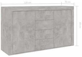 betonszürke szerelt fa tálalószekrény 120 x 36 x 69 cm