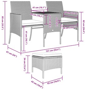 2 személyes szürke polyrattan kerti kanapé asztallal/székkel