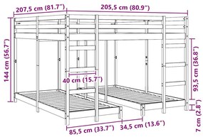 vidaXL Háromszintes emeletes ágykeret Fehér 200 x 200 cm Tömör fenyőfa