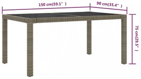 szürke polyrattan és edzett üveg kerti asztal 150 x 90 x 75 cm