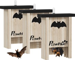 PawHut Denevéreknek Tervezett 3-as Csomag, Denevérház, Denevérfészek, Denevérdoboz Kertbe, Gyümölcsöskertbe, Tanyákra, Természetes Fenyőfából, 18 x 6