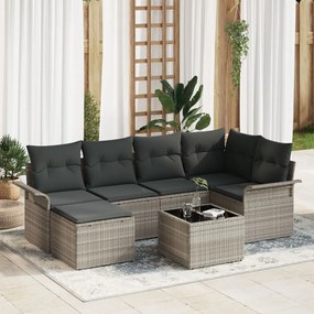 7 Részes Kert Kanapé Szett Párnákkal Szürke Poly Rattan, 2-Fős Kert Kanapé Tárolóval és Párnákkal Világosszürke Poly Rattan