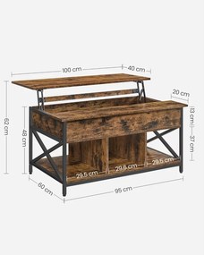 Dohányzóasztal, emelhető asztallappal, rejtett tárolóval, rusztikus barna, 60x100x(48-62) cm