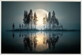 Poszter Alumínium Keret Telihold Köd Tó Erdő Magány 60x40
