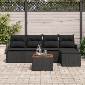 6 darabos kerti kanapészett párnákkal fekete poli rattan akác, 2 személyes kerti kanapé tárolóval és párnákkal fekete poli rattan