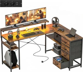 HOMCOM Gamer asztal, LED világítással-konnektorral, 4 fiókkal, monitorállvánnyal, barna