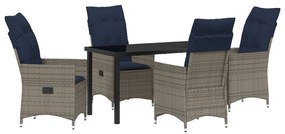 5 részes kerti étkezőgarnitúra párnákkal - Szürke poli rattan, fekete asztal 140x80x73 cm - Temperált üveg