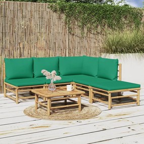 6 részes bambusz kerti ülőgarnitúra zöld párnákkal