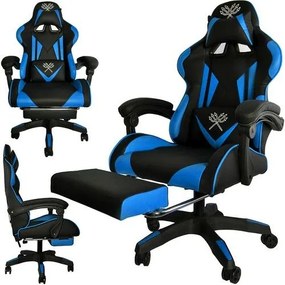 Gamer szék öko-bőr borítással, lábtartóval, 150 kg teherbírással, fekete-kék színben