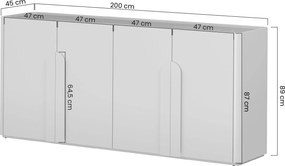 Amilio négyajtós komód 200 cm - kasmír / olajozott tölgy / világos tölgy fogantyúk