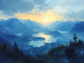 Vászonkép Canvas Tájkép Hegyek Csúcsok Fjord Tó Nap 100x75