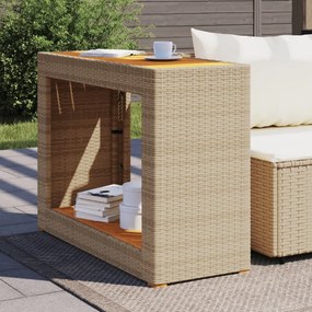 bézs polyrattan kerti kisasztal fa asztallappal 100x40x75 cm