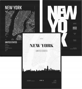 3 db-os New York Poszter Szett Térkép Panoráma Fekete-Fehér Modern Keretekkel
